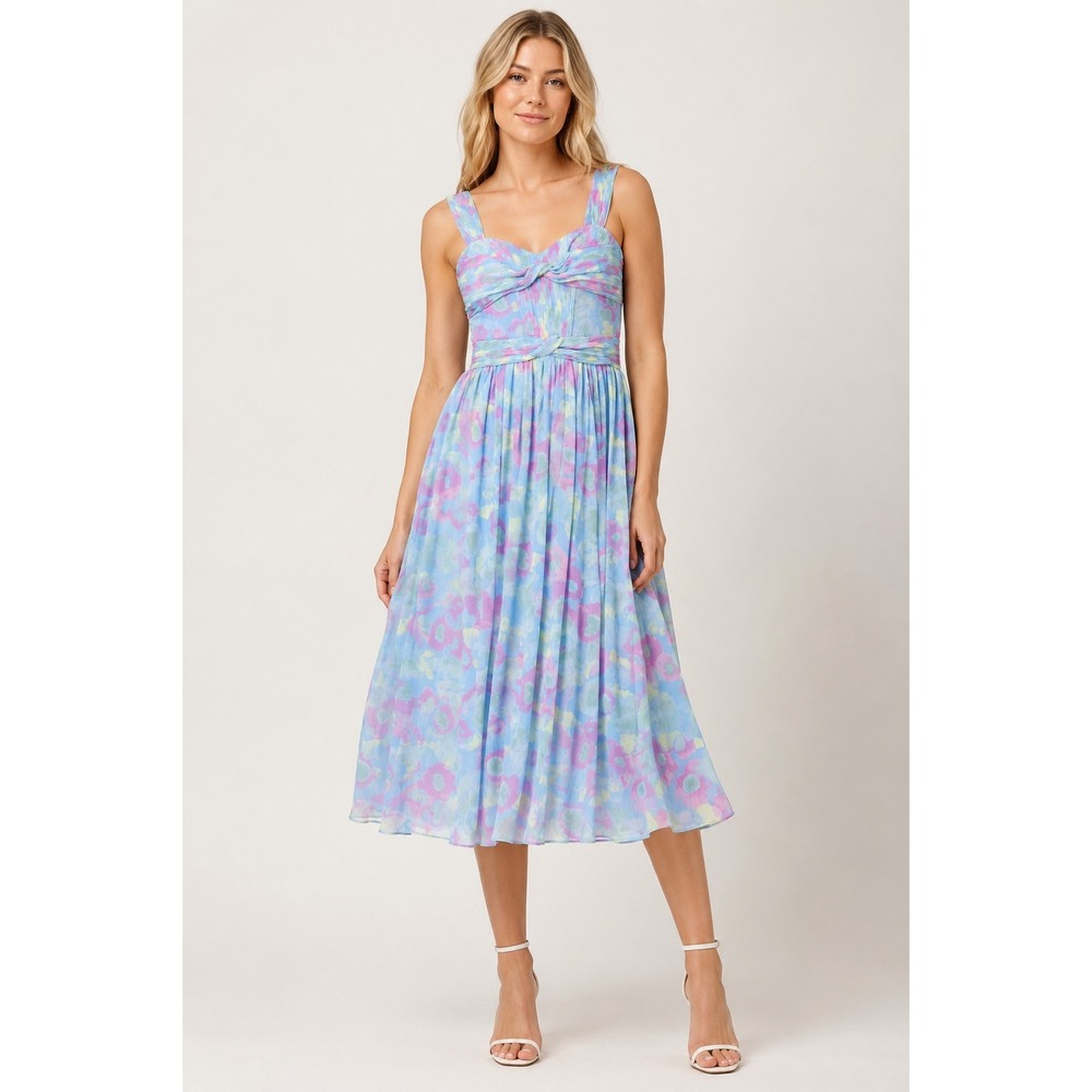 J. Mendel Floral Midi Dress Womens 14 Blue Watercolor Pleated Silk Chiffon